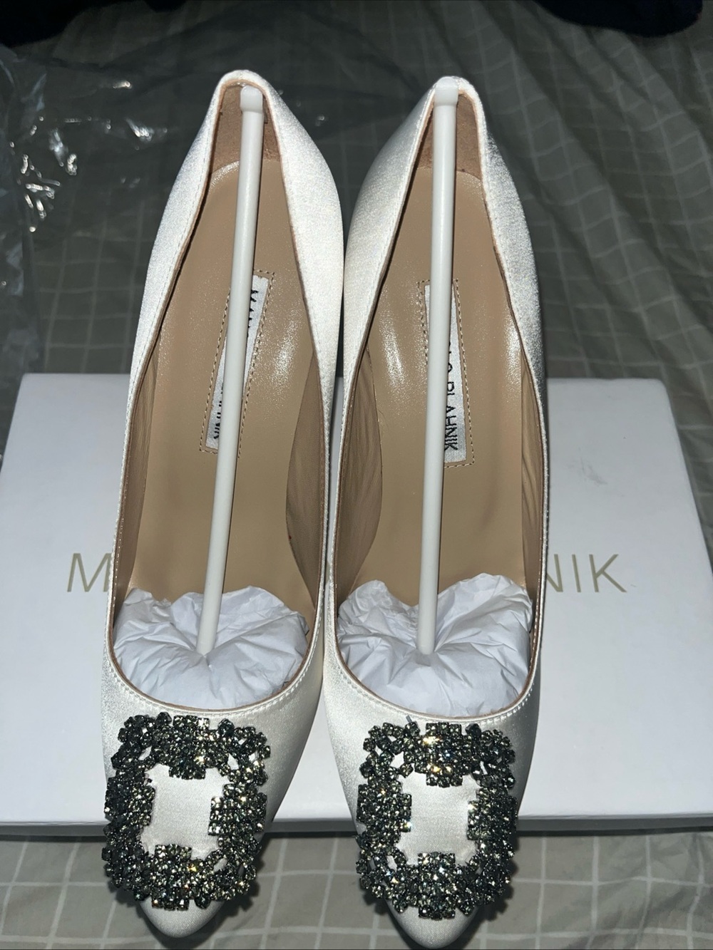 Manolo Blahnik Ivory Satin Pointed Toe Pumps with Crystal Buckles